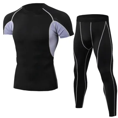 2 Pcs Men's Sports Fitness Set Short Sleeves Pullover and Pants Slim Fit