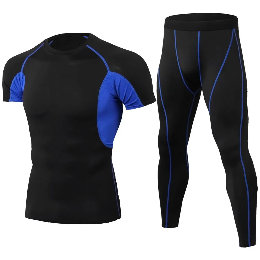2 Pcs Men's Sports Fitness Set Short Sleeves Pullover and Pants Slim Fit