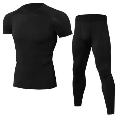2 Pcs Men's Sports Fitness Set Short Sleeves Pullover and Pants Slim Fit