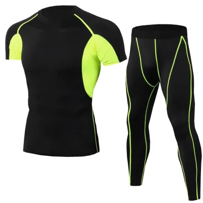 2 Pcs Men's Sports Fitness Set Short Sleeves Pullover and Pants Slim Fit