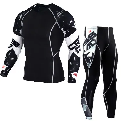 Men's 2 Pcs Long Sleeve Tees and Pants Fitness Set Super Elastic