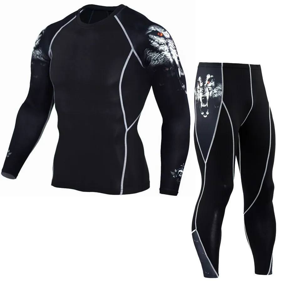 Men's 2 Pcs Long Sleeve Tees and Pants Fitness Set Super Elastic