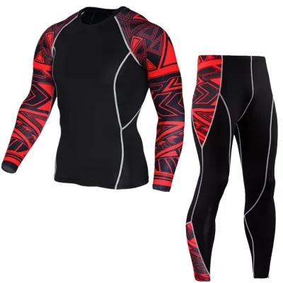 Men's 2 Pcs Long Sleeve Tees and Pants Fitness Set Super Elastic