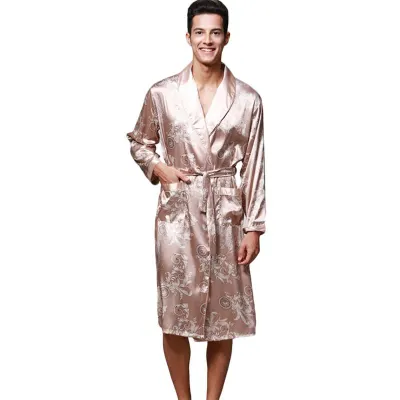 Men Satin Dragon Printed Long Sleeve Robe Pajamas