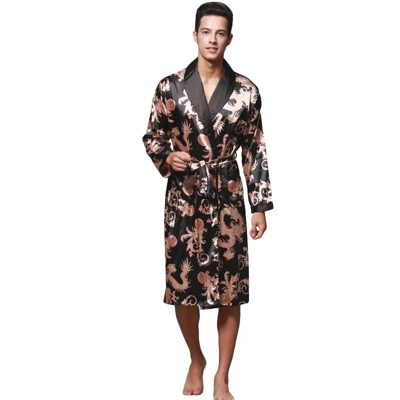 Men Satin Dragon Printed Long Sleeve Robe Pajamas