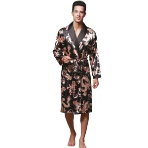 Men Satin Dragon Printed Long Sleeve Robe Pajamas