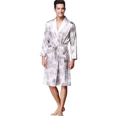 Men Satin Dragon Printed Long Sleeve Robe Pajamas