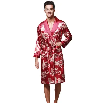 Men Satin Dragon Printed Long Sleeve Robe Pajamas