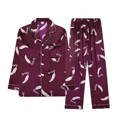 Men Soft Satin Feather Printed Pajama Set with Lapel Collar Long Sleeves