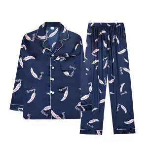 Men Soft Satin Feather Printed Pajama Set with Lapel Collar Long Sleeves
