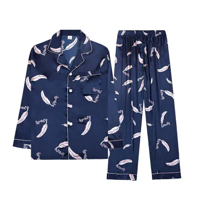 Men Soft Satin Feather Printed Pajama Set with Lapel Collar Long Sleeves