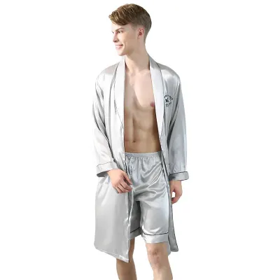 Men Contrast Binding Solid Color Silk Robe and Sleep Short Set