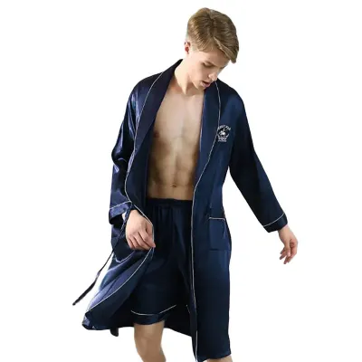 Men Contrast Binding Solid Color Silk Robe and Sleep Short Set