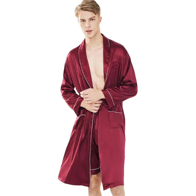 Men Contrast Binding Solid Color Silk Robe and Sleep Short Set