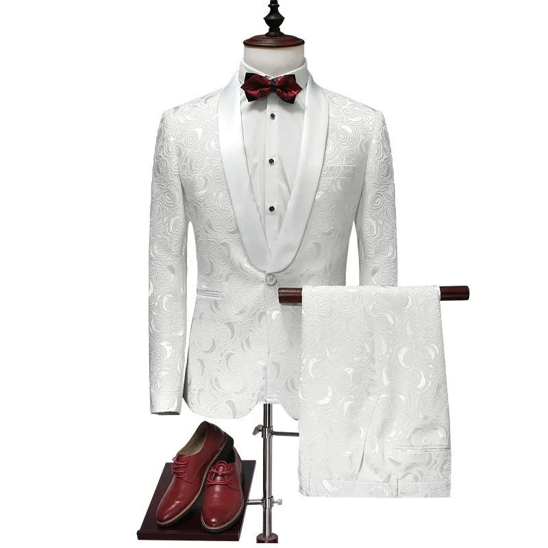 Men's 2-Piece Floral Shawl Collar Wedding Suit White Formal