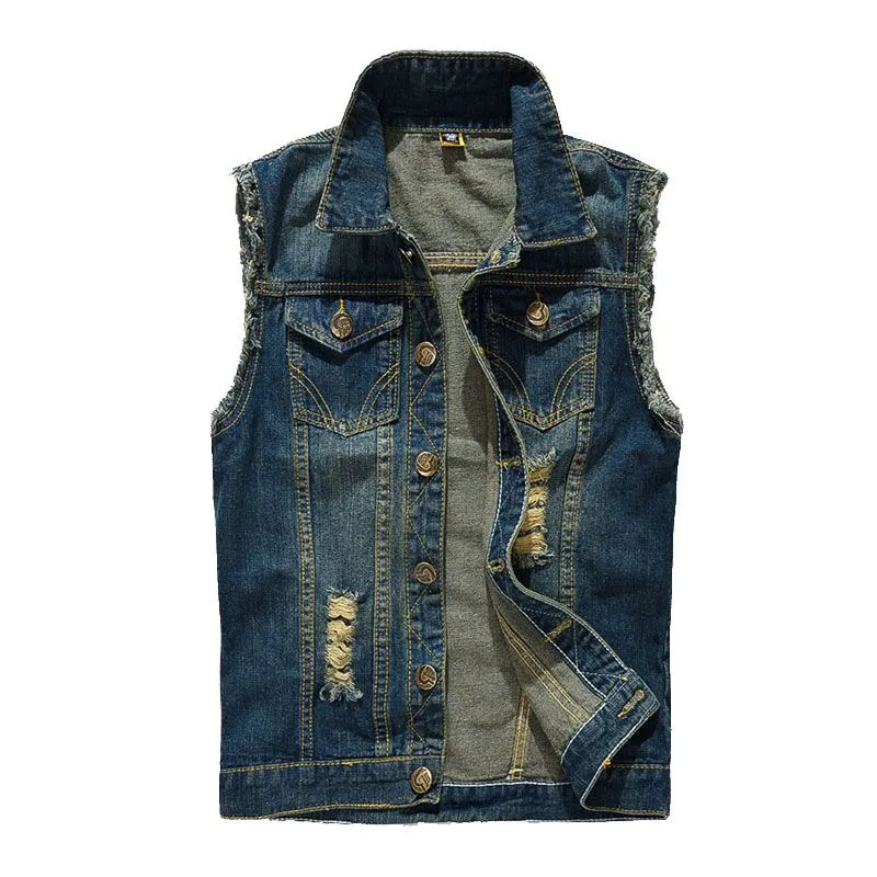 Men's Ripped Button Front Denim Vest with Pockets