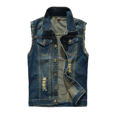 Men's Ripped Button Front Denim Vest with Pockets