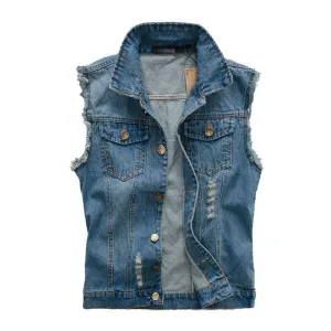 Men Slim Fit Ripped Cotton Denim Vests