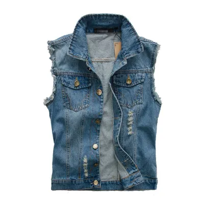 Men Slim Fit Ripped Cotton Denim Vests