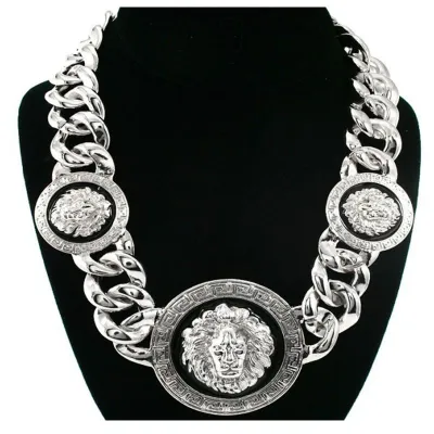 Men Exaggerated Large Alloy Chain Enamel Lion Head Necklace Snake Chain