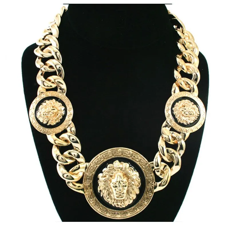 Men Exaggerated Large Alloy Chain Enamel Lion Head Necklace Snake Chain