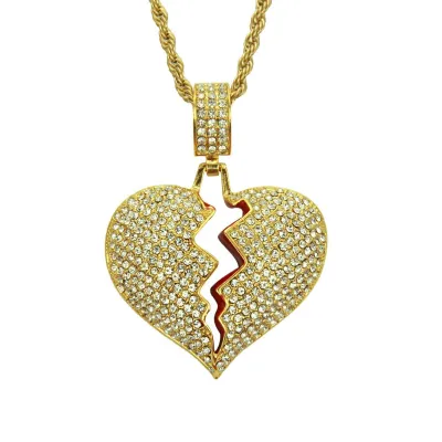 Fashion Unique Plated Alloy Broken Heart Pendant Shiny Rhinestone Necklace