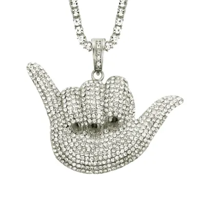 Top Grade Alloy Finger Gesture Pendant Men Fashion Rhinestone Hip-hop Necklace Cuban Chain