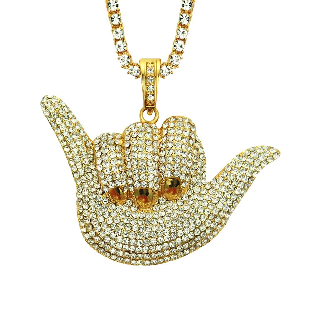Top Grade Alloy Finger Gesture Pendant Men Fashion Rhinestone Hip-hop Necklace Cuban Chain