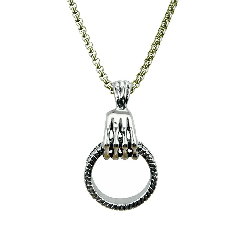 Silver Plated Alloy Skull Hand Pendant Unique Men Necklace