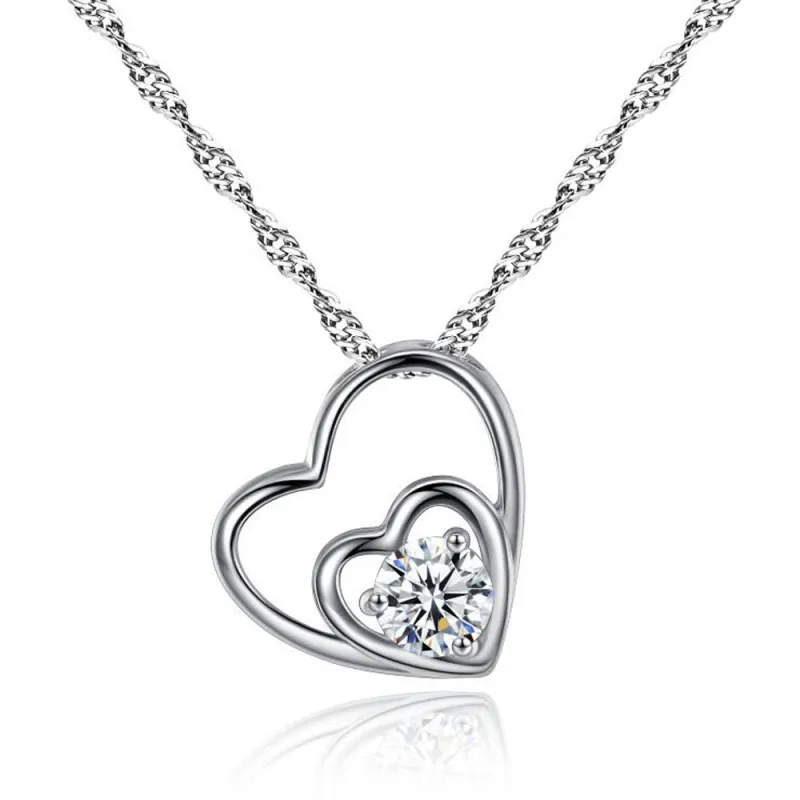 Women Simple Double Heart Pendant Necklace with Shiny Zircon