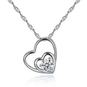 Women Simple Double Heart Pendant Necklace with Shiny Zircon