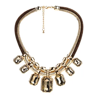 Wholesale Exaggerated Geometric Square Shape Gemstone Alloy Necklace for Women