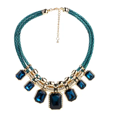 Wholesale Exaggerated Geometric Square Shape Gemstone Alloy Necklace for Women