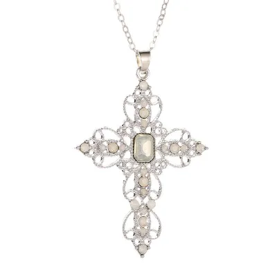Women Vintage Style Carving Alloy Cross Pendant Necklace