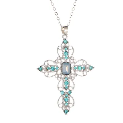 Women Vintage Style Carving Alloy Cross Pendant Necklace