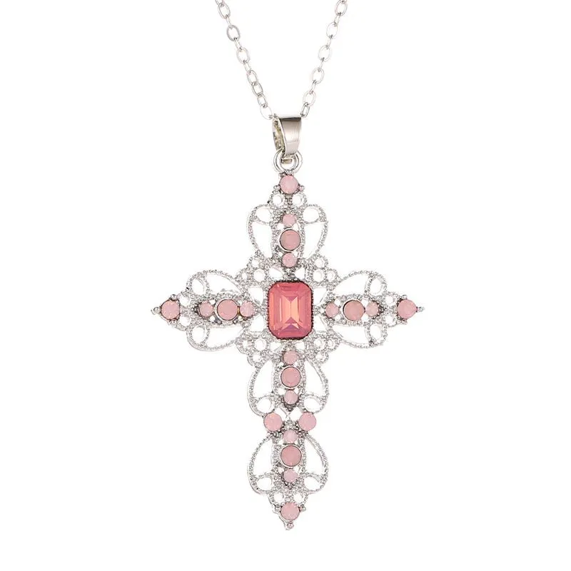 Women Vintage Style Carving Alloy Cross Pendant Necklace