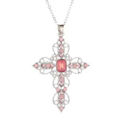 Women Vintage Style Carving Alloy Cross Pendant Necklace