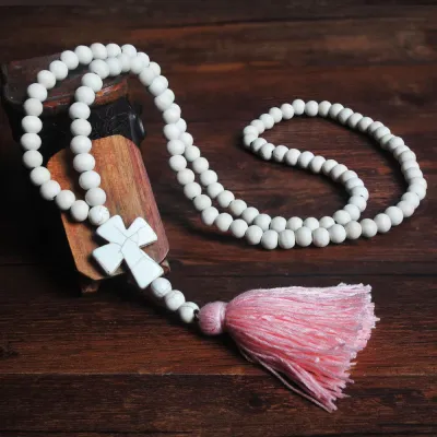 Vintage Pattern White Wooden Beads Cross Tassel Pendant Necklace