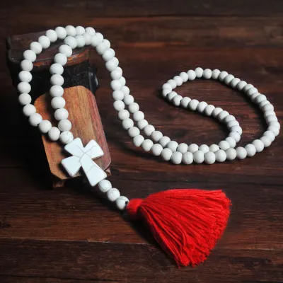 Vintage Pattern White Wooden Beads Cross Tassel Pendant Necklace