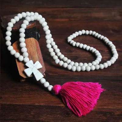Vintage Pattern White Wooden Beads Cross Tassel Pendant Necklace