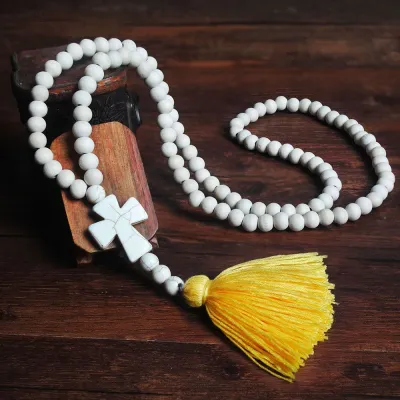 Vintage Pattern White Wooden Beads Cross Tassel Pendant Necklace