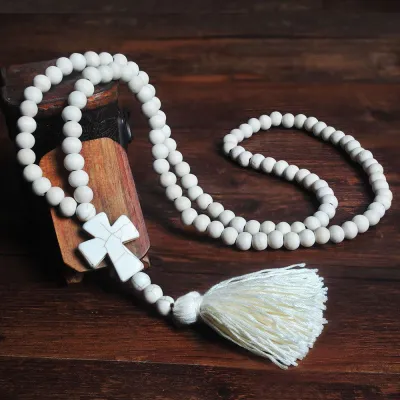 Vintage Pattern White Wooden Beads Cross Tassel Pendant Necklace
