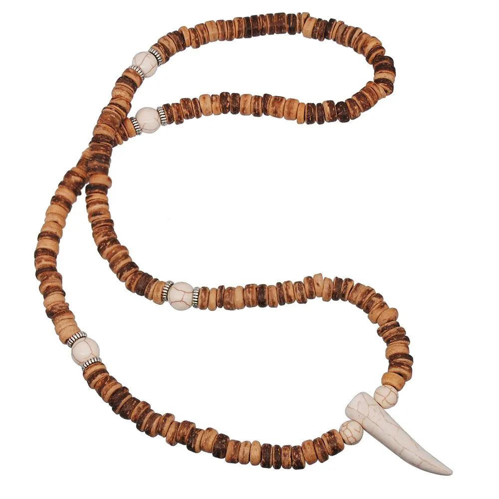 Men's Vintage Turquoise Wood Beads Necklace Unisex Alloy Geometric Chain