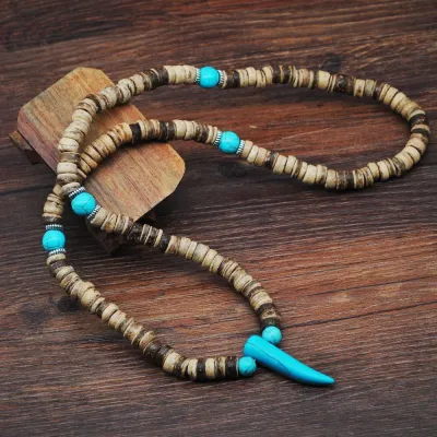 Men's Vintage Turquoise Wood Beads Necklace Unisex Alloy Geometric Chain