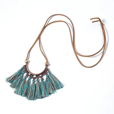 Women Vintage Ethnic Style Alloy Pendant Tassel Rope Chain Long Necklace