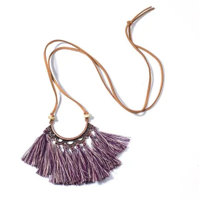 Women Vintage Ethnic Style Alloy Pendant Tassel Rope Chain Long Necklace