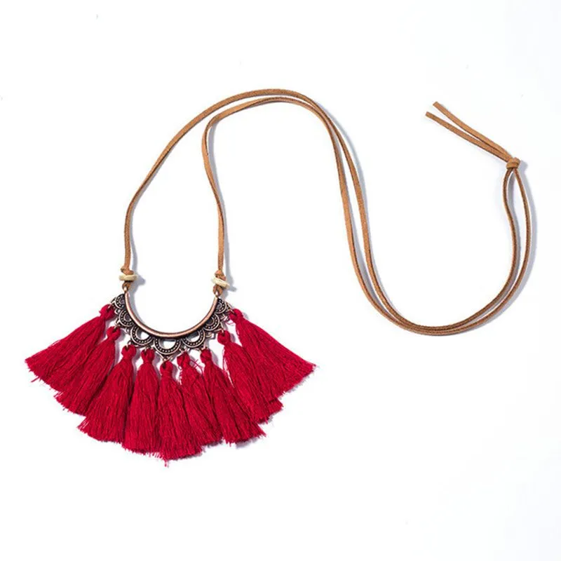 Women Vintage Ethnic Style Alloy Pendant Tassel Rope Chain Long Necklace