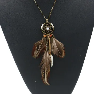 Wholesale Women Ethnic Style Feather Pendant Alloy Dream Catcher Necklace