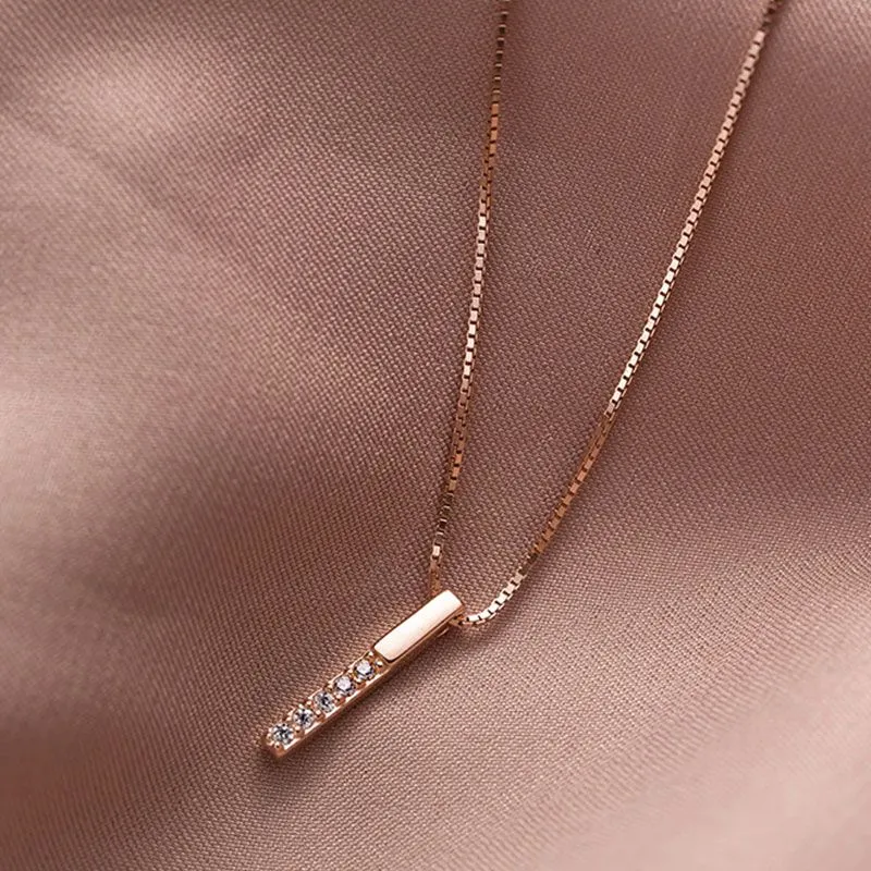 Women Exquisite 925 Sterling Silver Simple Rectangle Zircon Pendant Necklace