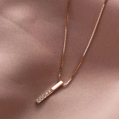 Women Exquisite 925 Sterling Silver Simple Rectangle Zircon Pendant Necklace